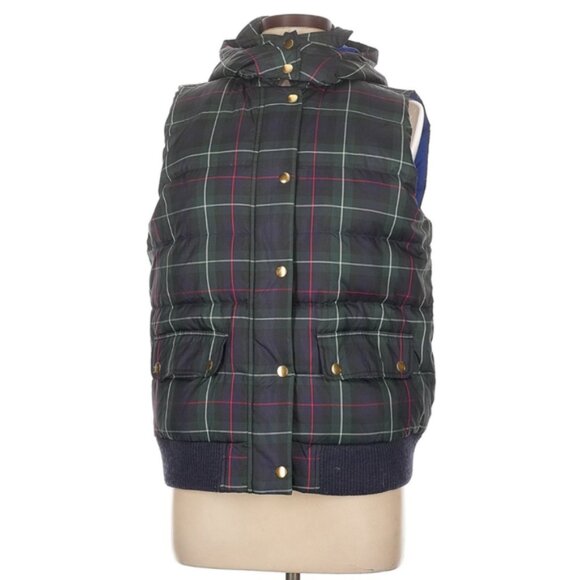 J.Crew Excursion Puffer Vest Women’s Size L Green Navy Plaid Quilted Outerwear - Picture 1 of 9